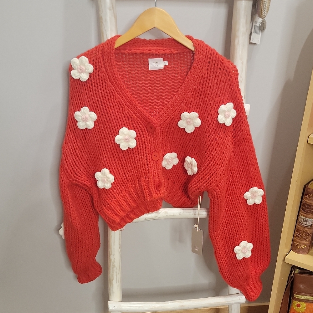 Chunky Red Cardigan with White Floral Accents